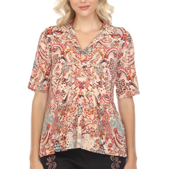 Johnny Was Jungle Paisley Short Sleeve Polo Swing Tee Top Shirt Boho Chic M - Picture 1 of 6